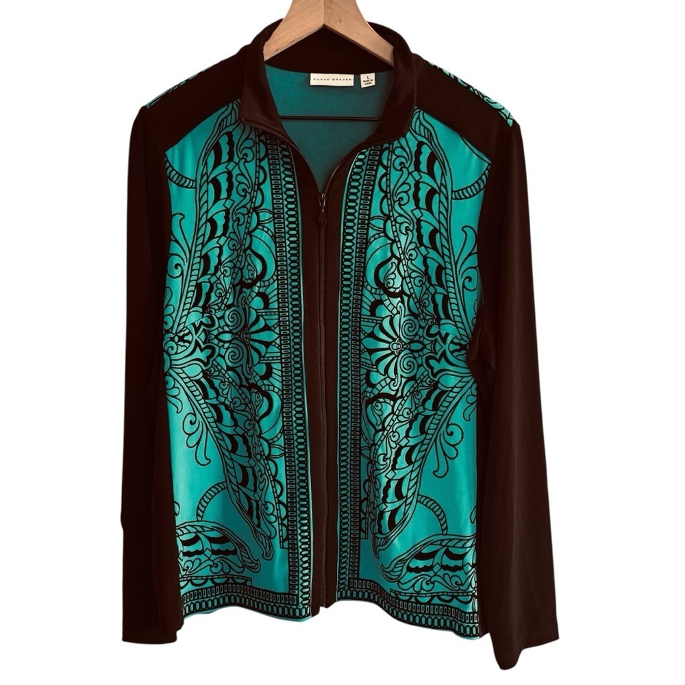 Susan Graver Liquid Knit Full Zip Flocked Velvet Jacket Art To Wear Large